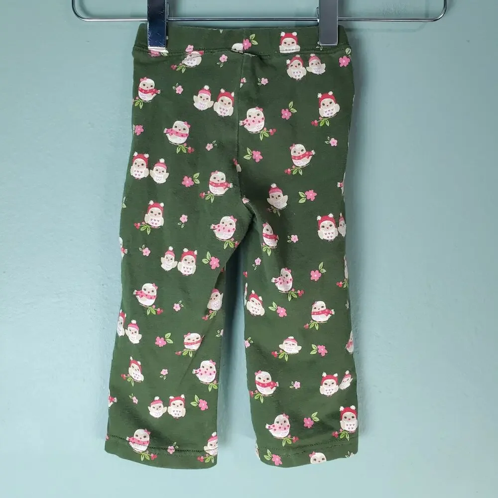 Gymboree Cozy Owl Toddler Girl Green Flower Pull On Pants Size 12-18M